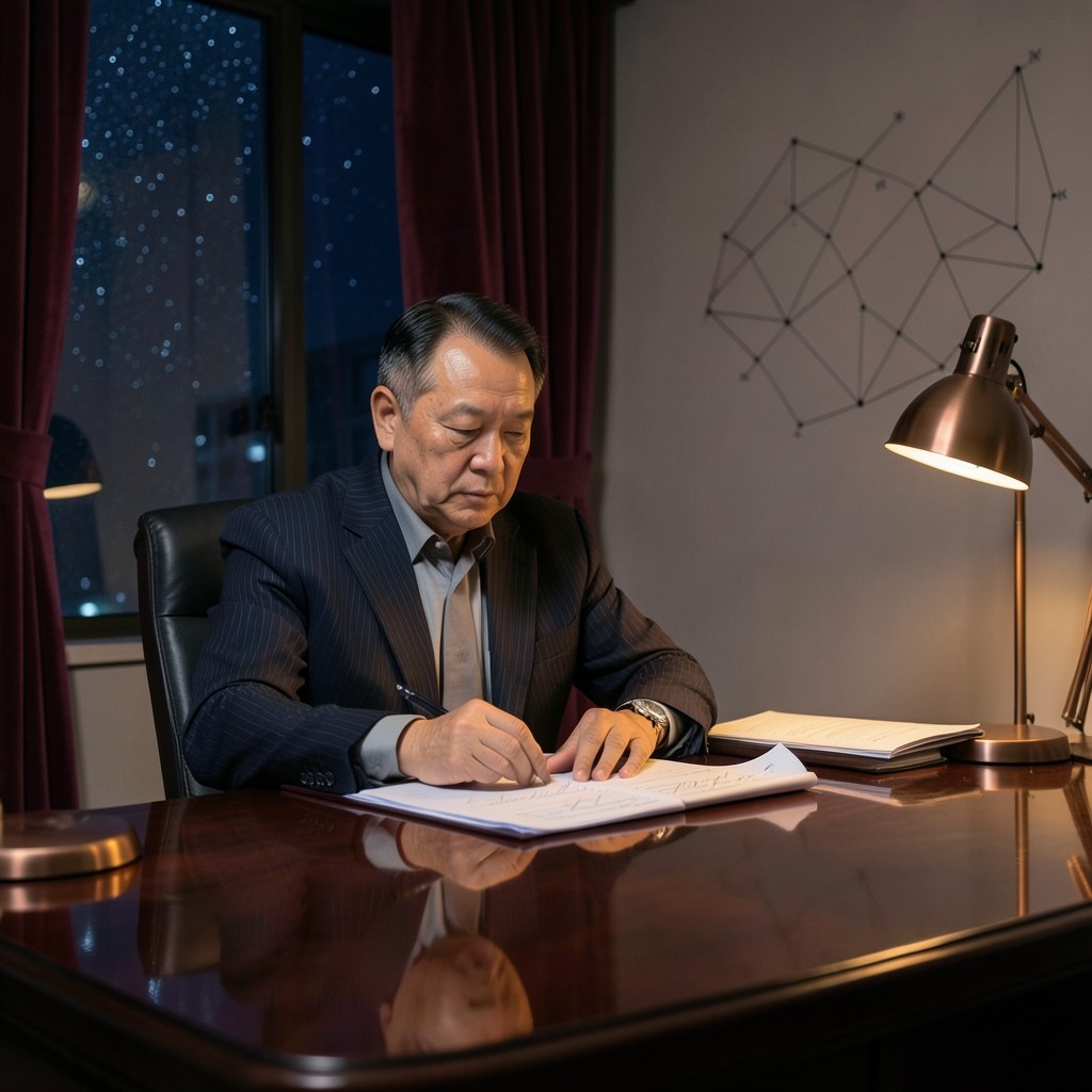 Lead instructor at a lacquered desk reviewing wave degree notes