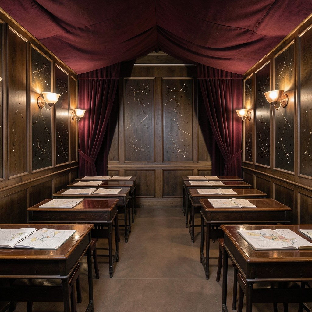 Academy classroom with velvet drapes, lacquered desks, and chart packs under warm copper lighting