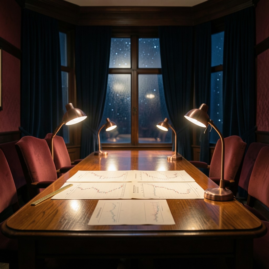 Candlelit classroom table with printed market charts, brass ruler, and copper pencil marks