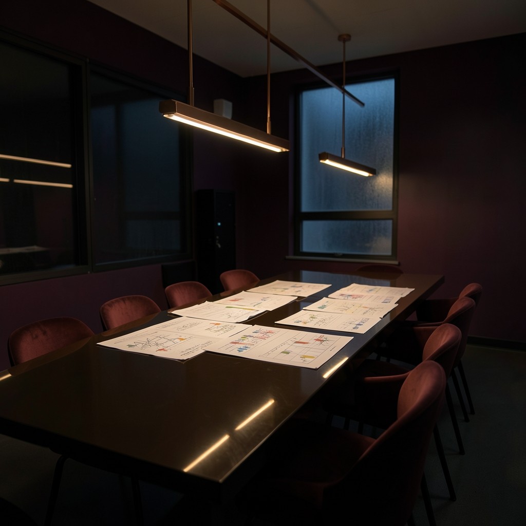 Evening annotation lab with printed charts spread across a long lacquered table
